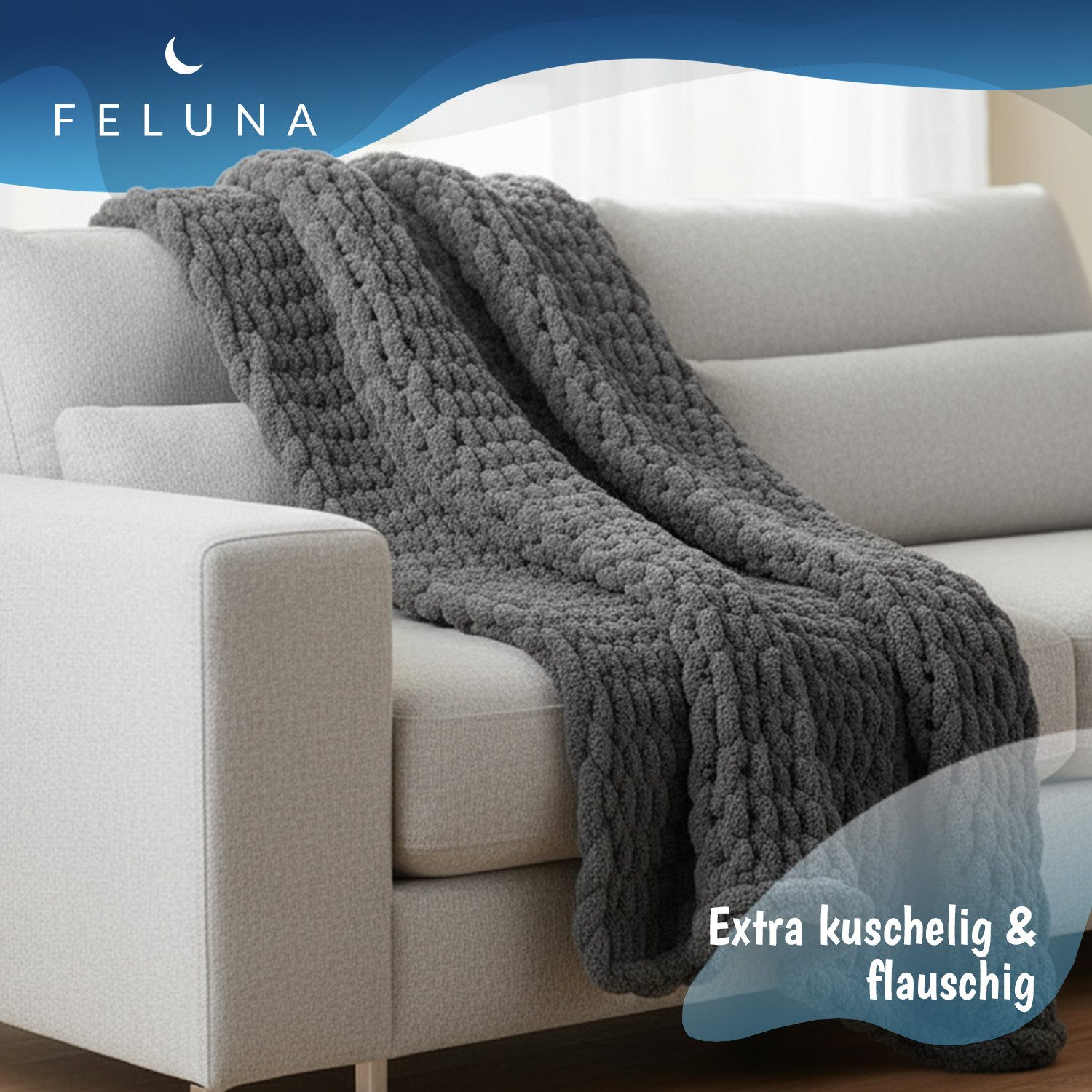 Wohndecke Grobmaschige Wohlfühldecke, Feluna, Flauschige Kuscheldecke Grobstrick Tagesdecke