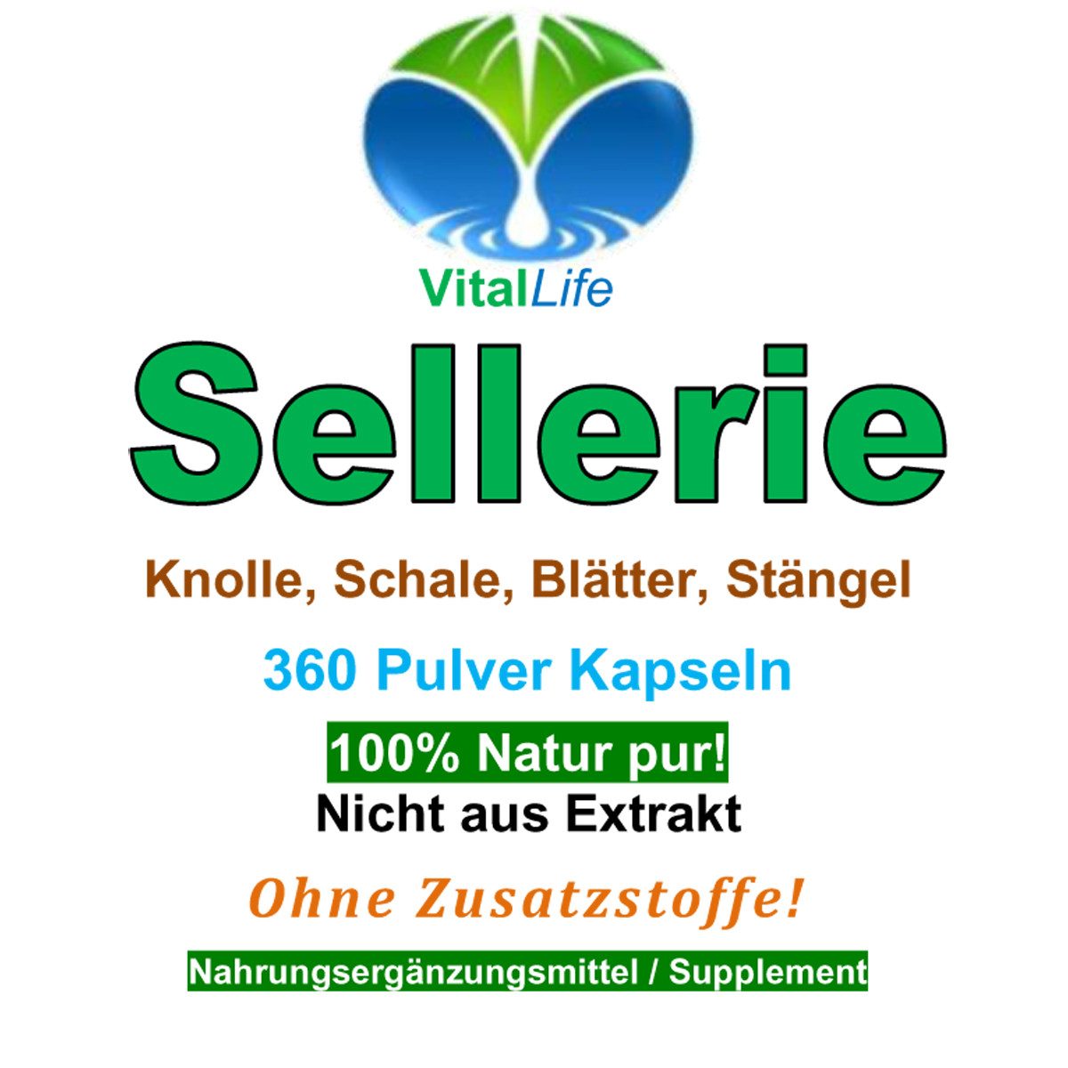 VitalLife SELLERIE Celery (Wurzel, Knolle, Blätter, Stängel) Natur Pur Kapseln, 2 er Dose à 360 St., 388 g, Art. 26320-8