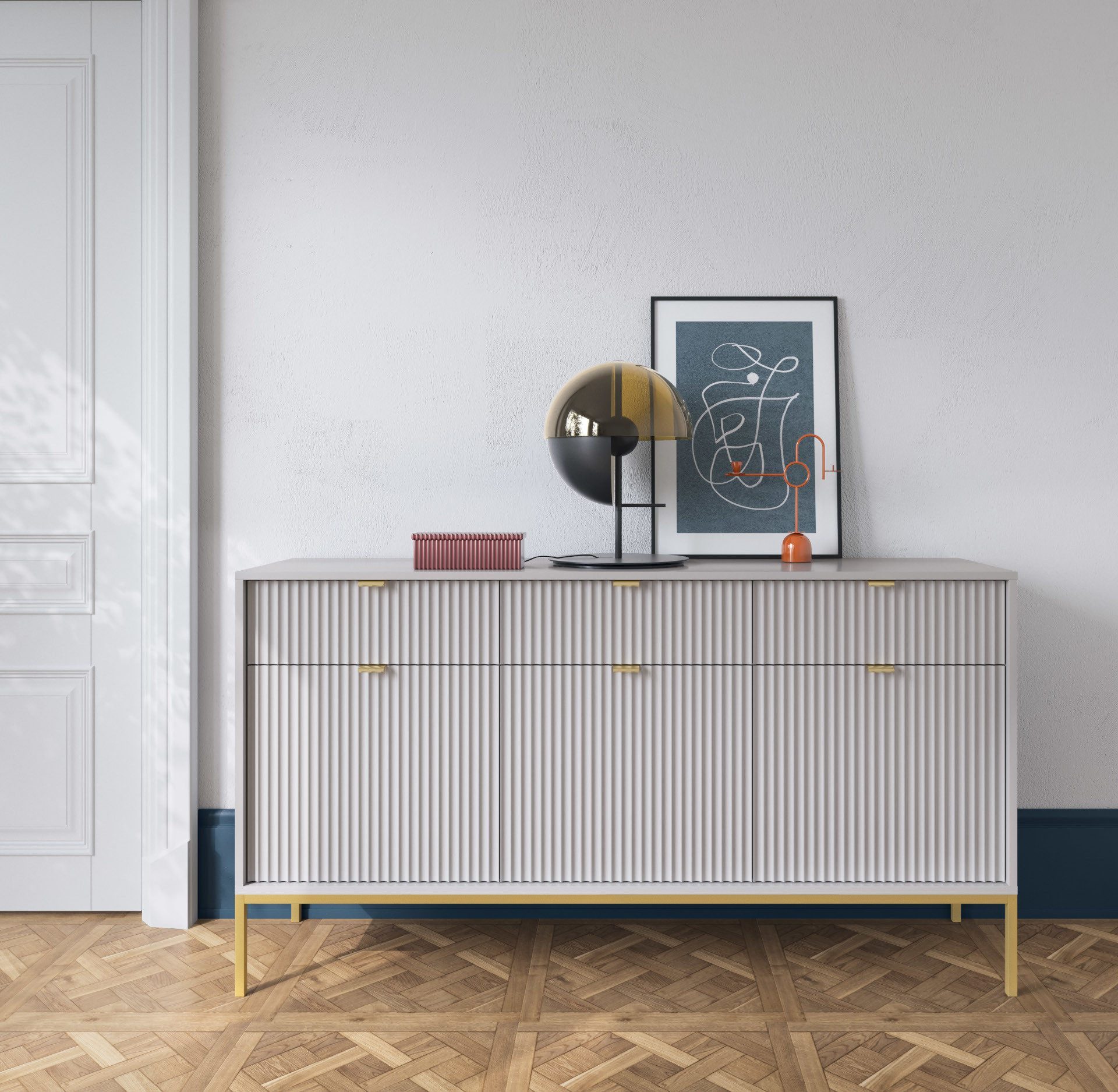 Goldstoff Kommode Milano 154 cm mit geriffelter Front und Metallrahmen (Moderner Schubladenschrank - für Wohnzimmer, Flur, Schlafzimmer), stabile Metallkonstruktion, Soft-Close
