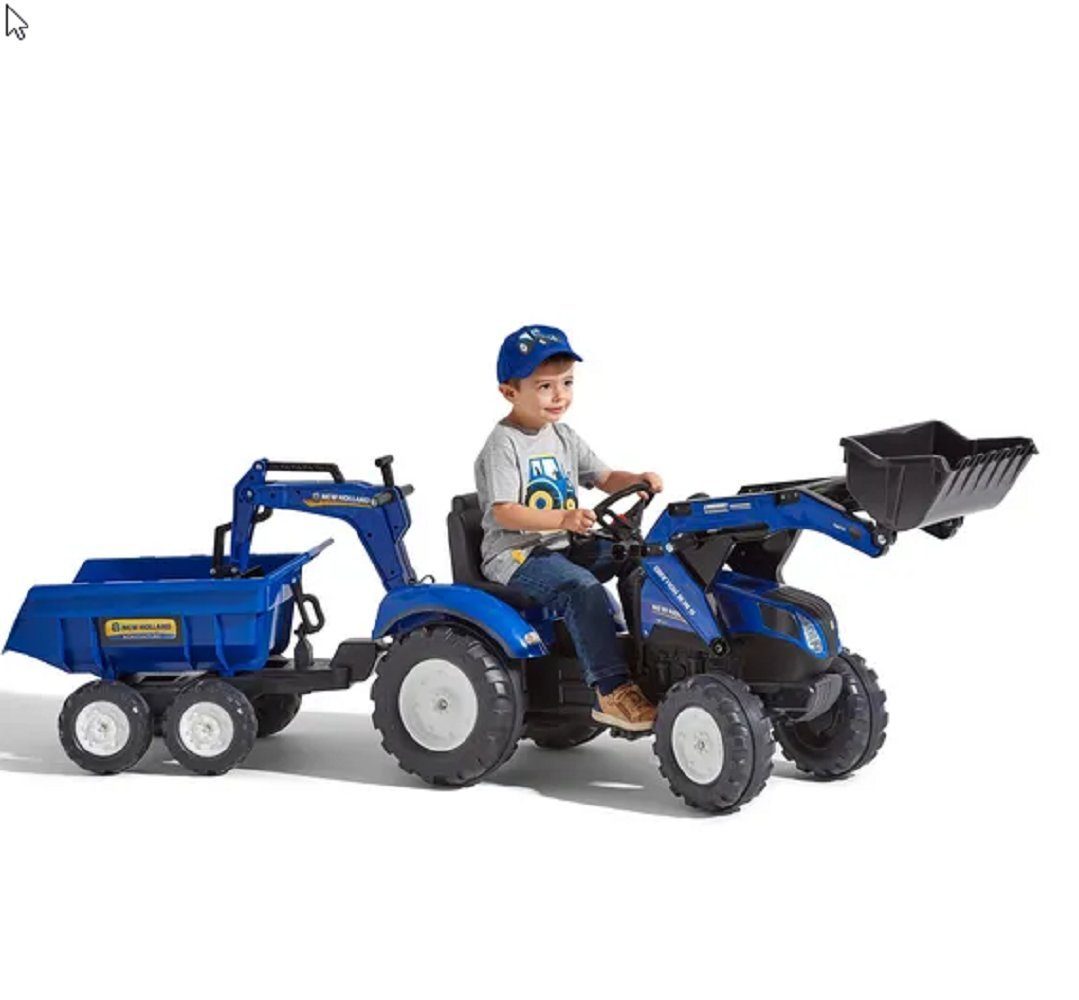 Falk Toys Trettraktor Falk F3090W New Holland Bagger mit Tieflöffel und Maxi-Kippanhänger