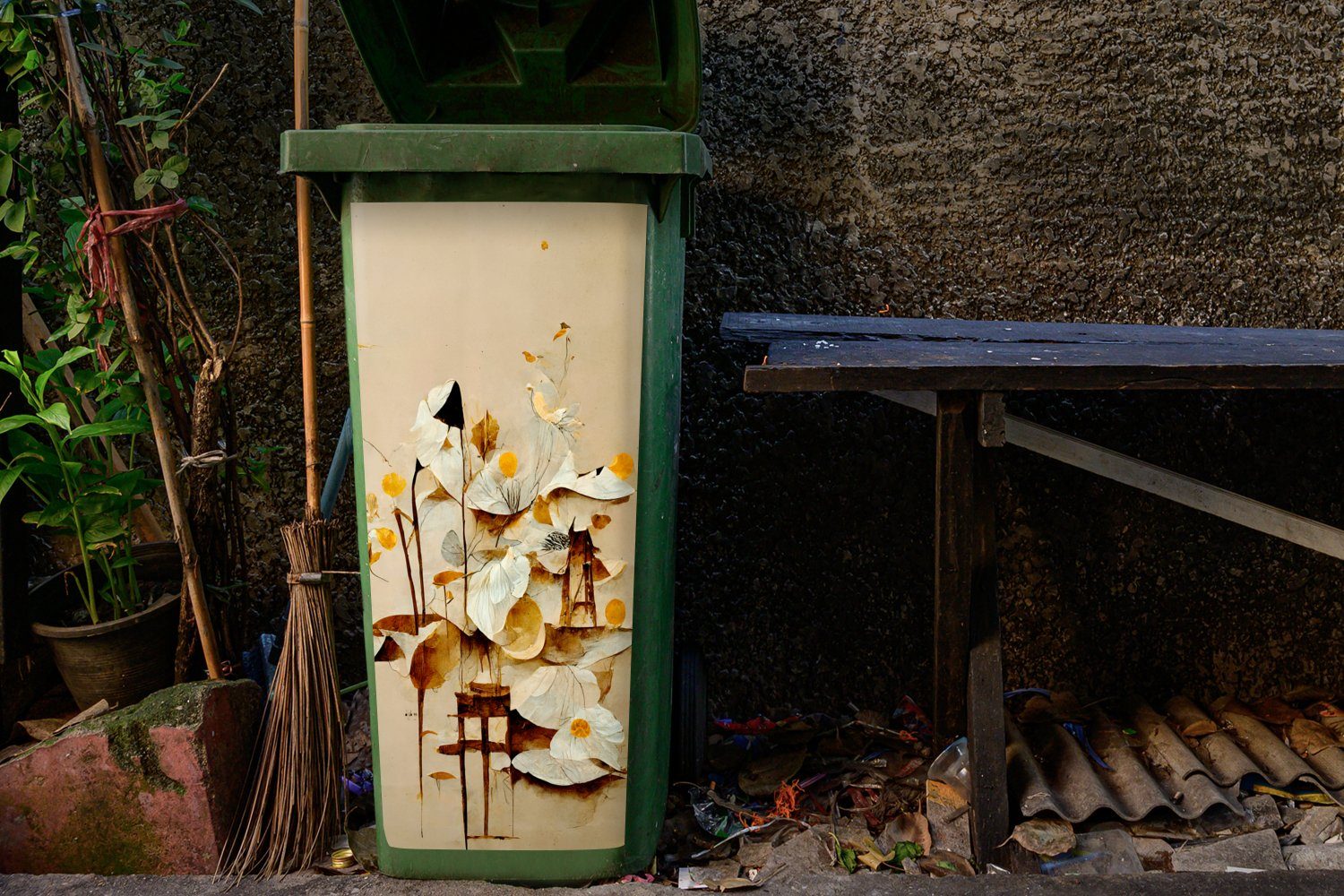 Wandsticker Mülltonne, (1 - Container, MuchoWow Abfalbehälter Pflanzen - Blumen St), Mülleimer-aufkleber, - Sticker, Vintage Weiß
