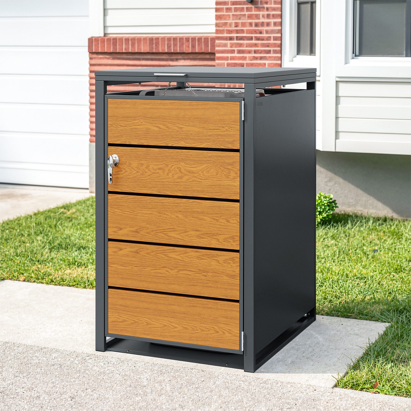SoBuy Mülltonnenbox OGS63, Mülltonnenverkleidung 240l abschließbar, fahrbar (1er Set), Holzoptik-Front in Anthrazit, Gasdruckfedern und Sicherheitskette