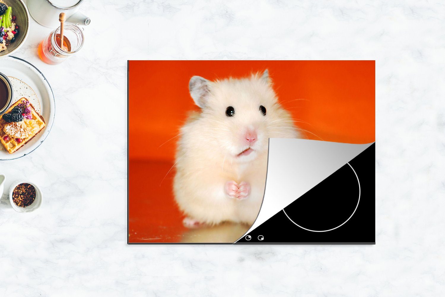 MuchoWow tlg), (1 cm, orangem Arbeitsfläche 70x52 Herdblende-/Abdeckplatte Mobile Vinyl, Hamster nutzbar, Ceranfeldabdeckung Weißer Hintergrund, auf