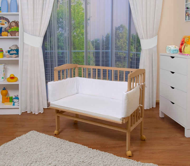 Waldin Beistellbett Baby Beistellbett, Matratze, Stoffset, Buche massiv, verstellbar