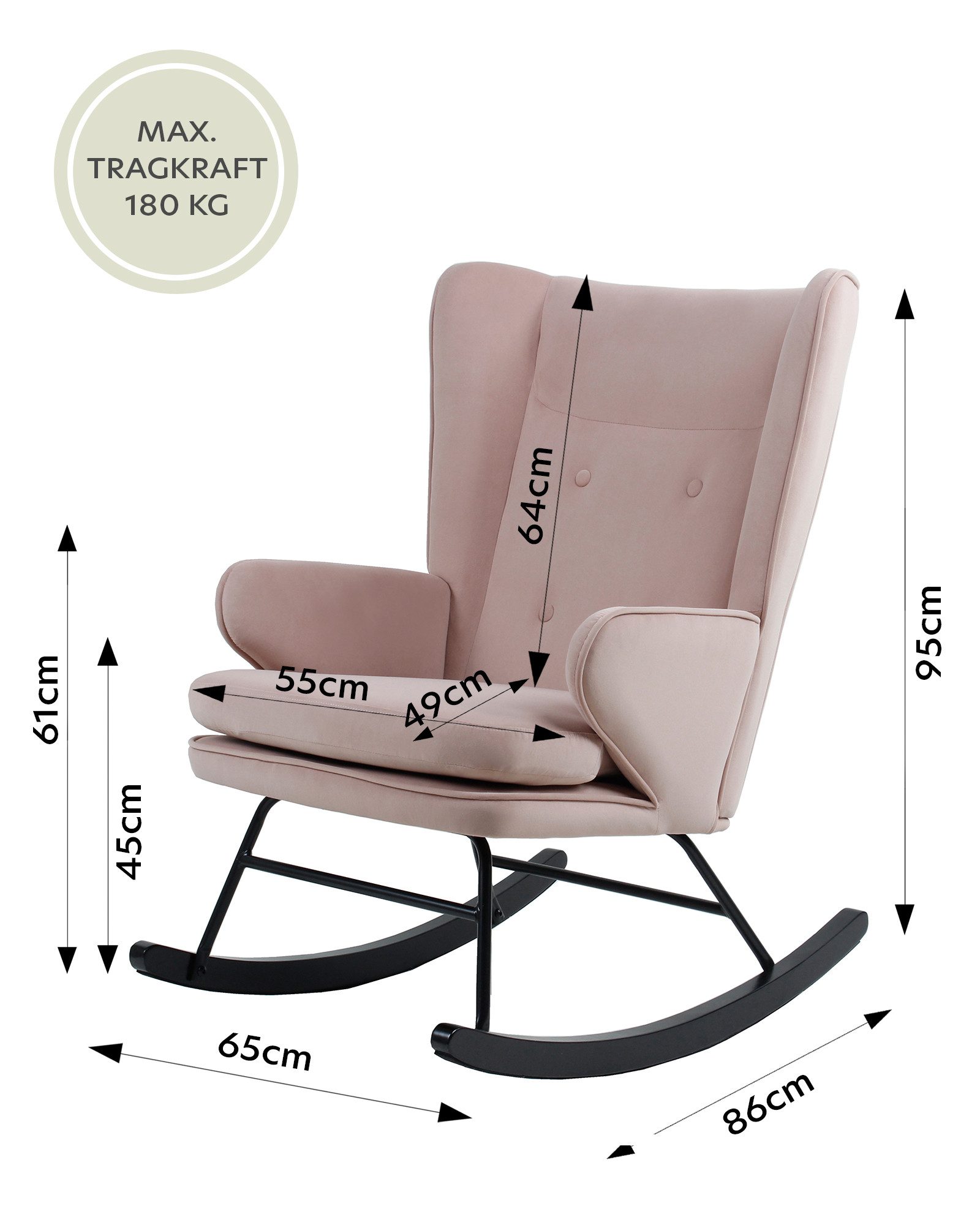 Qiyano Schaukelstuhl Thadia Rosa Samtstoff mit Metallgestell und Holzkufen