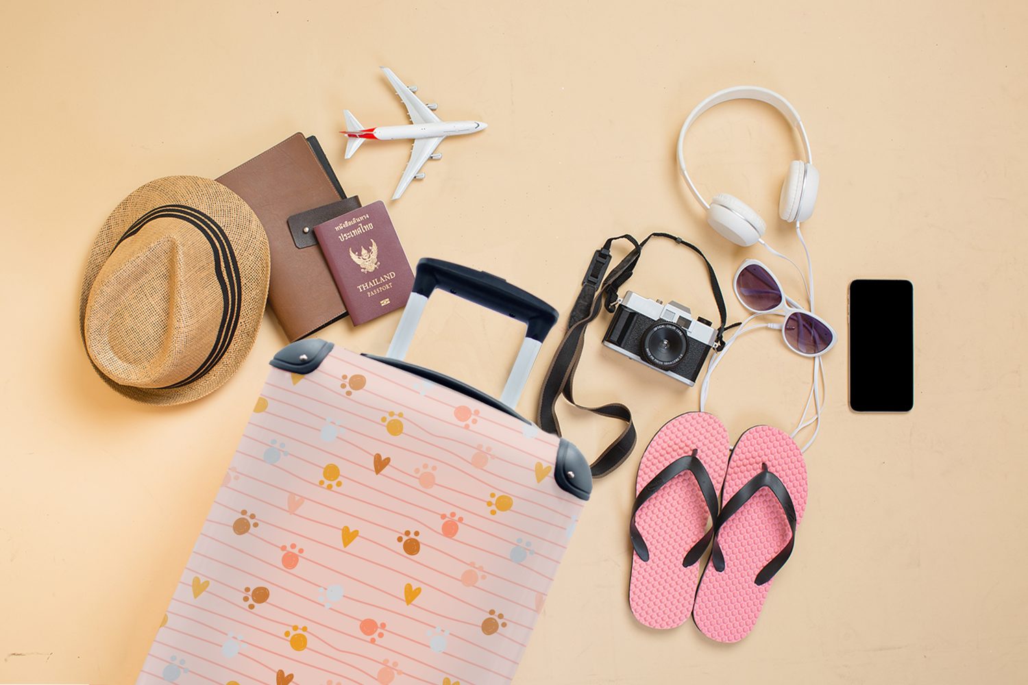 Hintergrund, MuchoWow rollen, rosa für Ferien, 4 farbigen Hund mit Handgepäck mit auf Illustration Handgepäckkoffer Reisekoffer Hundespuren Trolley, Rollen, Reisetasche einem