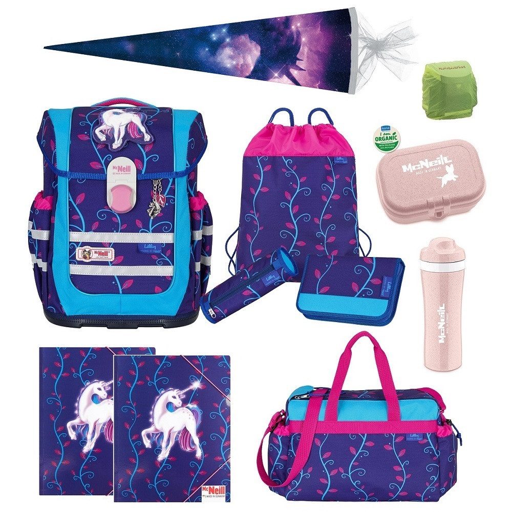 McNeill Schulranzen Ergo Complete "Lilly" mit Motivmagnet Einhorn / Unicorn (Set, 12-tlg., Komplett-Set mit Sporttasche und Schultüte), ergonomisch; 20L Volumen; wächst mit dem Kind mit