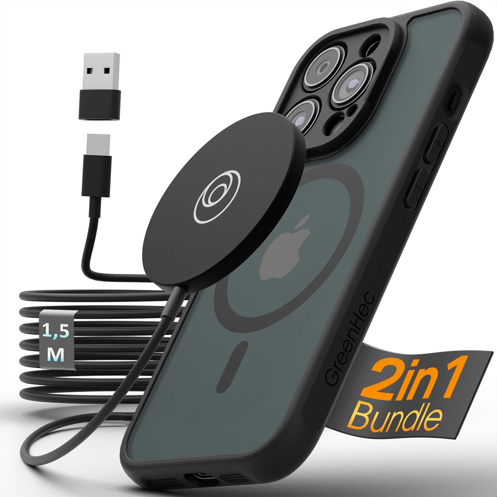 GreenHec Handyhülle Hülle + MagSafe Ladegerät iPhone 17 16 15 14 13 12 Pro Max Air, Wireless induktiv für Apple Schutzhülle Kabellos Schwarz Case