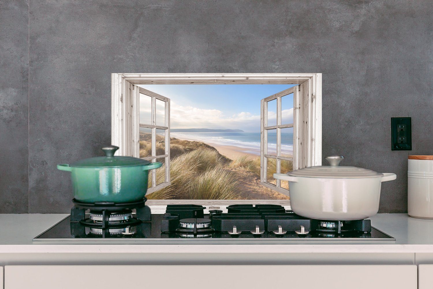 küchen Küchenrückwand aus Sand - Strand - 60x40 - Strandgras Dünen Wandschutz, - (1-tlg), Blau, Herdblende Durchblick cm, MuchoWow Meer - - Temperaturbeständig