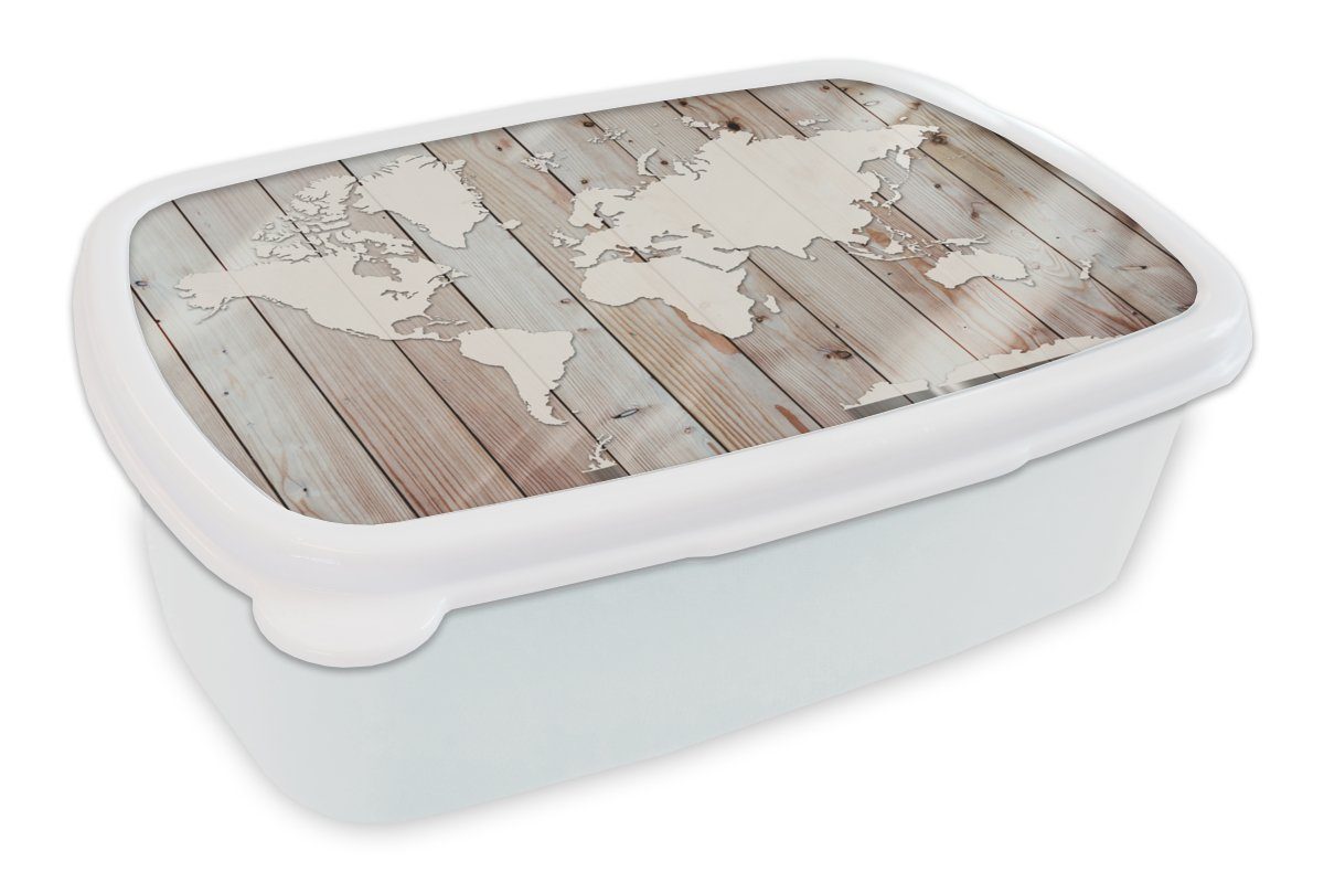 MuchoWow Lunchbox Weltkarte - Holz - Einfach, Kunststoff, (2-tlg), Brotbox für Kinder und Erwachsene, Brotdose, für Jungs und Mädchen weiß