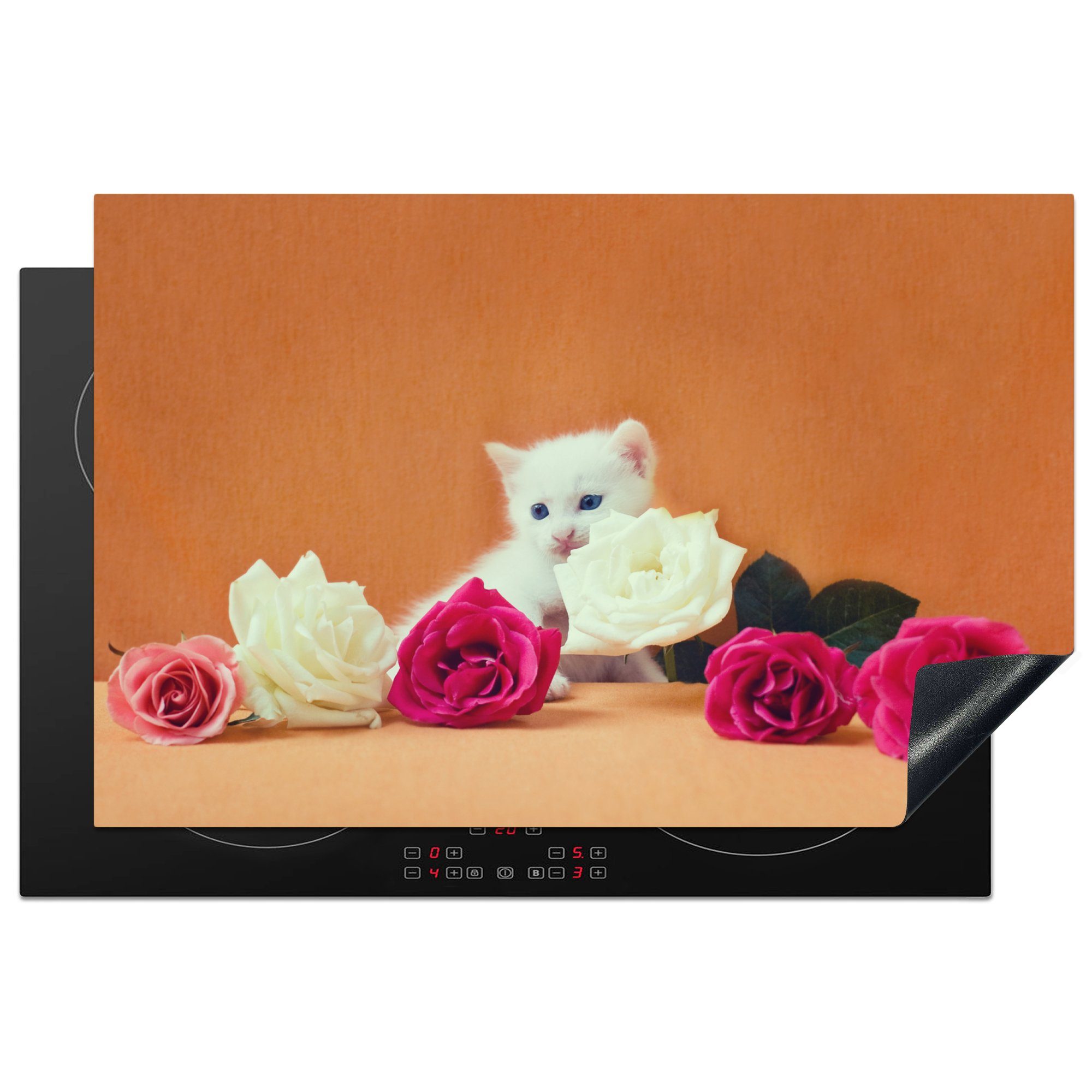 MuchoWow Herdblende-/Abdeckplatte Katze - Rosen - Blumen, Vinyl, (1 tlg), 81x52 cm, Induktionskochfeld Schutz für die küche, Ceranfeldabdeckung