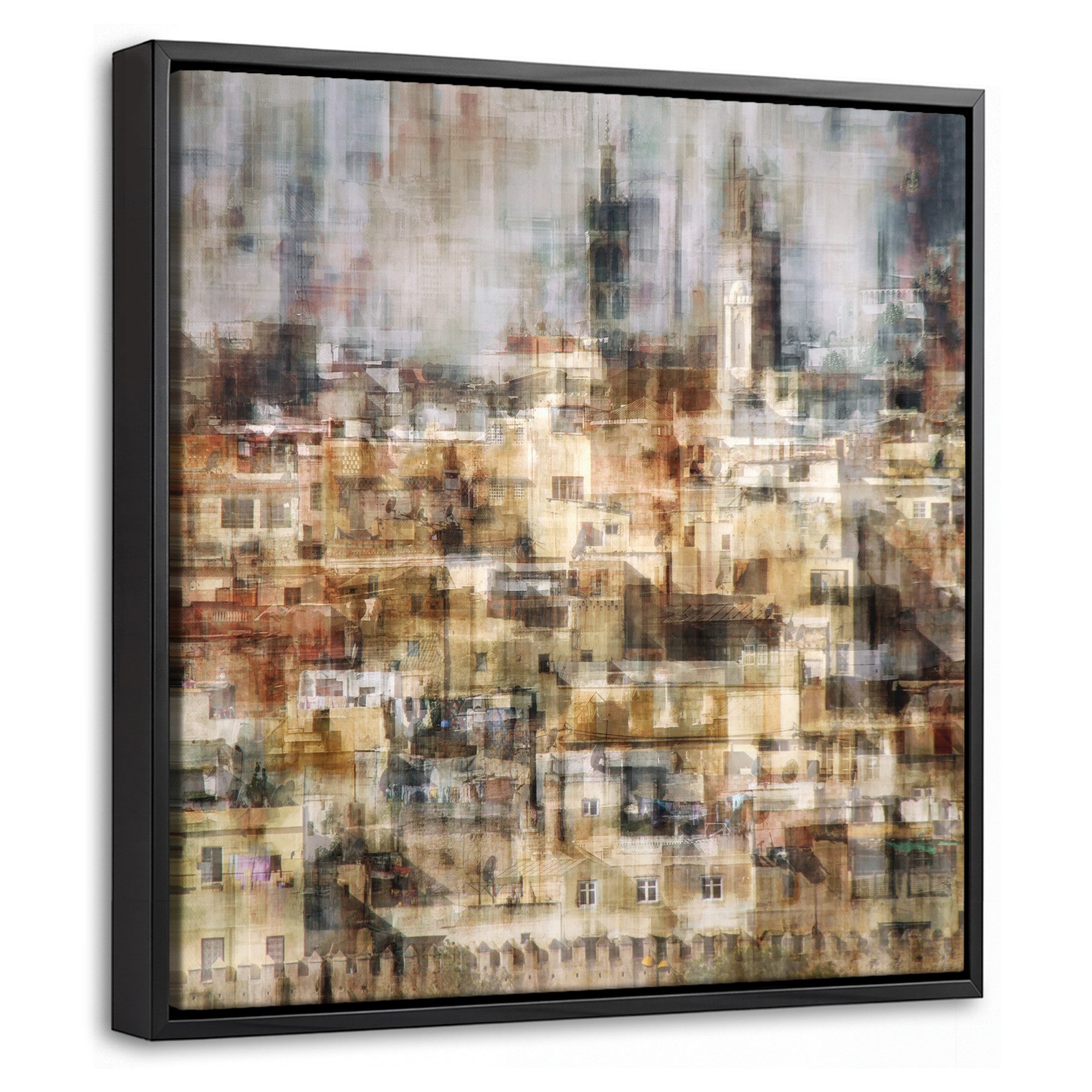OnlyWow Leinwandbild mit Rahmen - Stadt - Kunst - Häuser - Beige, Fotodruck (1 St), Leinwand Bilder Klein, Wand Dekoration Aesthetic 20x20cm
