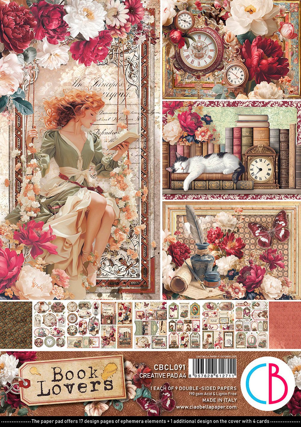 Ciao Bella Motivpapier Papier-Set Book Lovers, 9 Blatt, A4