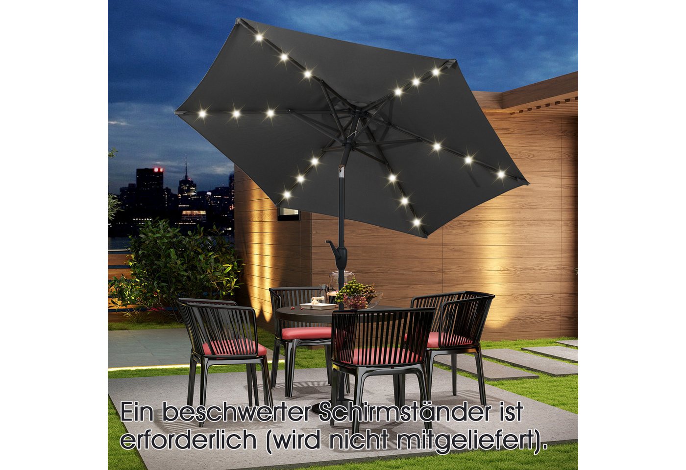 Thumbnail - KOMFOTTEU Sonnenschirm, Terrassenschirm mit Lichtern, 6 Rippen & Handkurbel