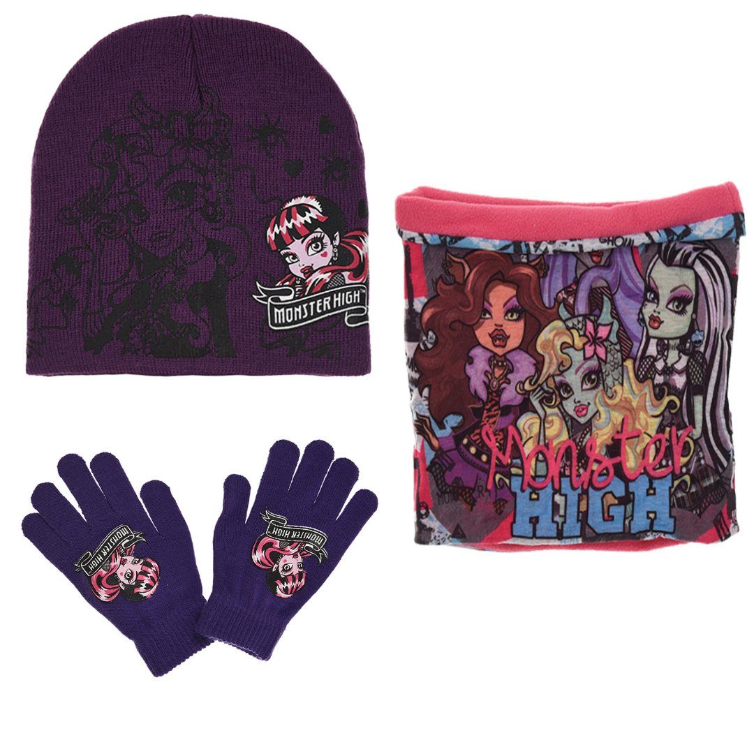 Monster High Schlupfmütze Monster High Girls 3tlg Set Kinder Mütze Wintermütze Handschuhe Loop Gr. 52 bis 54 Lila-01