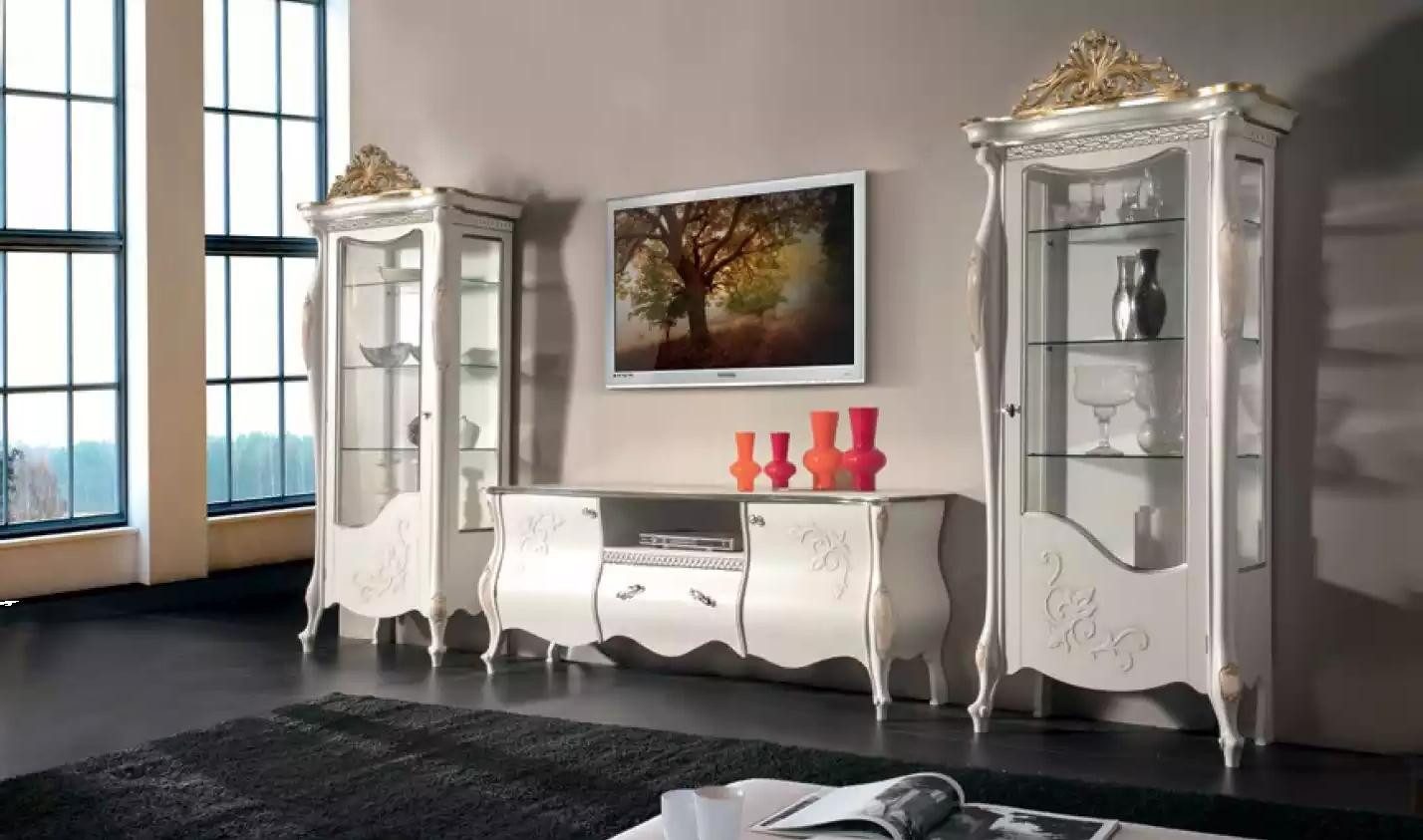 Xlmoebel Wohnwand Klassische Wohnwand mit Vitrinen und Sideboard in Holzoptik, (3-St., Set 3tlg. Wohnwand (TV-Ständer + 2x Vitrine), Hergestellt in Europa