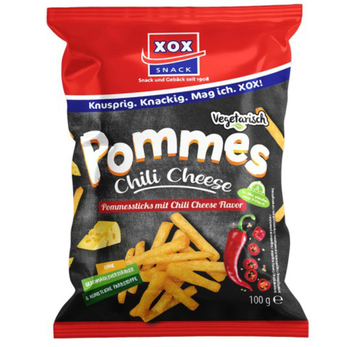 XOX Knabberei, XOX Pommes Chili Cheese Maissnack mit pikanter Gewürzmischung 100g