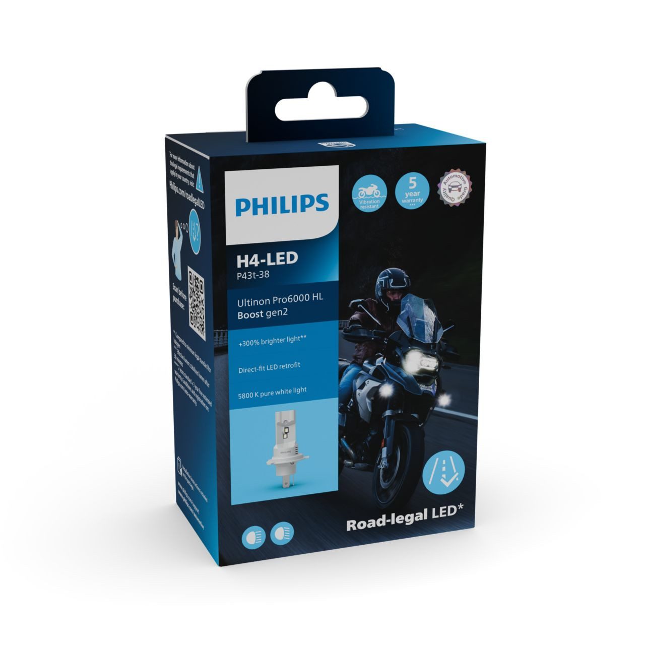 Philips KFZ-Ersatzleuchte H4 12V 18W Ultinon Pro6000 Boost Gen2 +300% Moto 1St., H4, Kaltweiß