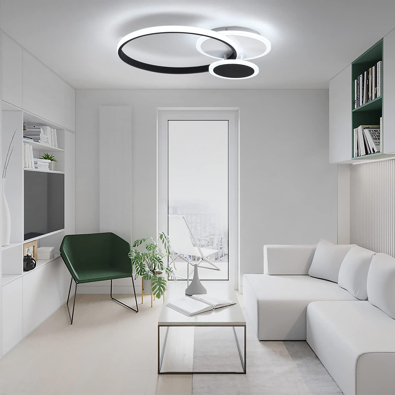 ZMH LED Deckenleuchte Modern LED dimmbar integriert, fest warmweiß-kaltweiß Fernbedienung, 39W 44cm, Ring Design Weiß Schwarz und mit in 3