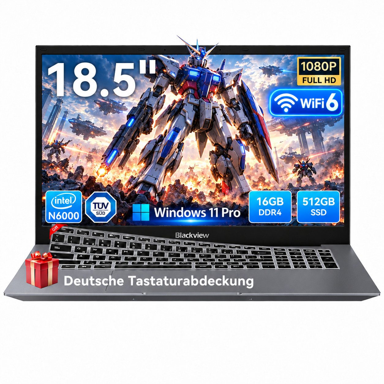 blackview 18.5" FHD IPS+8000mAh Acebook10 Intel 16GB+512GB Windows 11 Pro Notebook (Intel N6000 Intel Core N6000, 16 GB, 512 GB SSD, Windows 11 Pro, FHD+ IPS, Silikon-Tastaturschutz, (deutsche Folie)