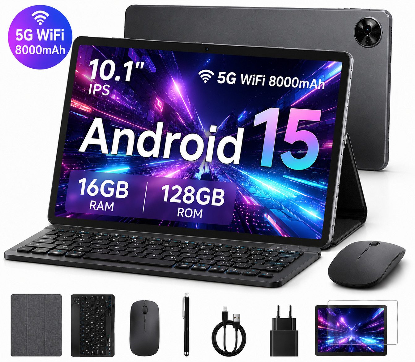VASOUN TAB11 Android Tablet mit Tastatur,Stift, Maus,10 Zoll, 8000mAh Tablet Tablet (10.1", 128 GB, Android 15, (5G WLAN/Octa core/8MP/zwei Lautsprecher)
