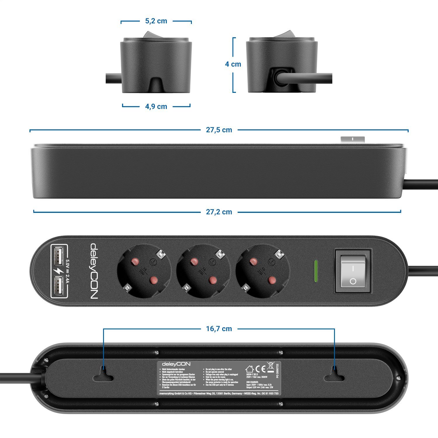 USB mit deleyCON Steckdosenleiste 3,0m EIN/AUS Fach 3 Steckdosenleiste deleyCON Schalter &