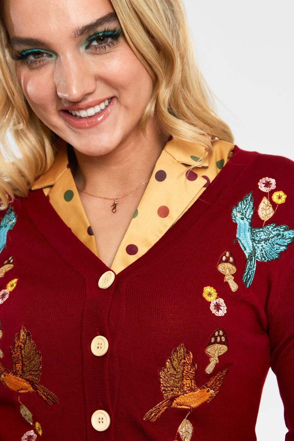 Voodoo Vixen Strickjacke Red Woodland Cardigan Retro Vintage Vögel Pilze He günstig online kaufen