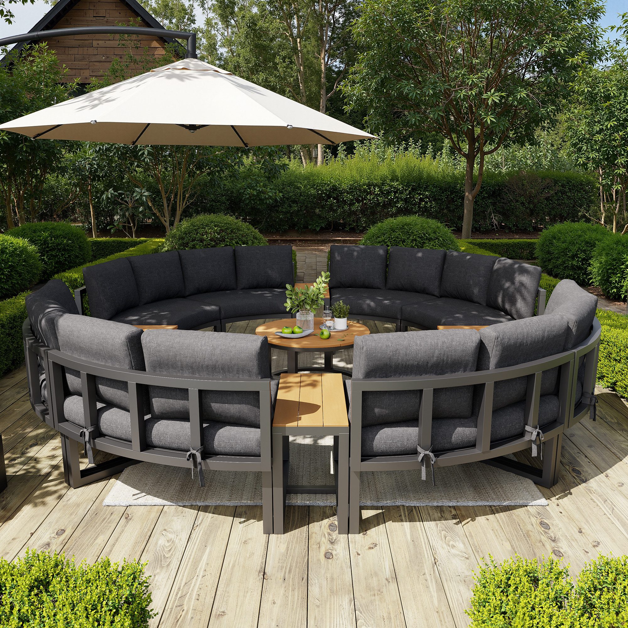 TavilaEcon Gartenlounge-Set Bequeme Gartenmöbel mit grauen Sitzpolstern und Kissen, (12-tlg), für 16 Personen, mit verstellbaren Beine, grau