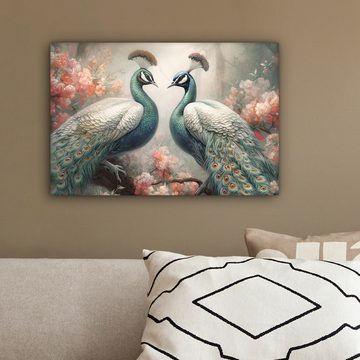 OneMillionCanvasses® Leinwandbild Pfaue - Pfauenfedern - Vögel - Natur, (1 St), Leinwand Bilder Klein, Wand Dekoration 30x20 cm