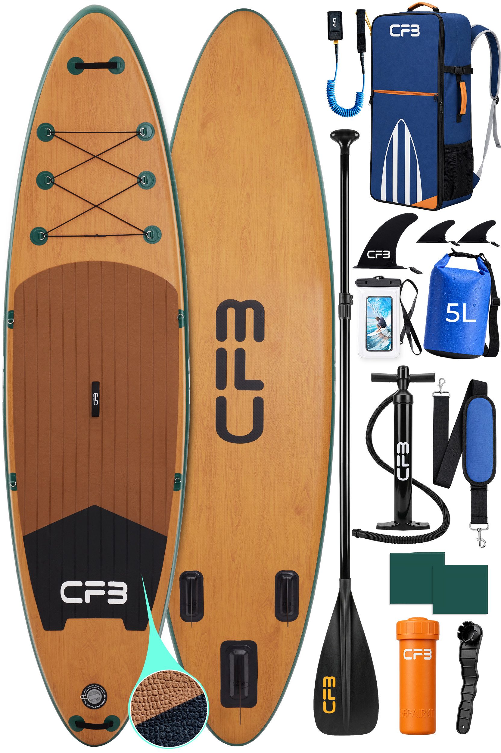 CFB SUP-Board Set 320x84x15 cm, Bis zu 160 kg, extra breites iSUP, aufblasbares Stand Up Paddle Board, (großes EVA-Deckpad, SUP Komplett-Set, 12 tlg., mit Paddel, Pumpe, Rucksack, Drybag, Handyhülle & Schultergurt), Surfboard, Paddelboard mit 3-Finnen-Sys