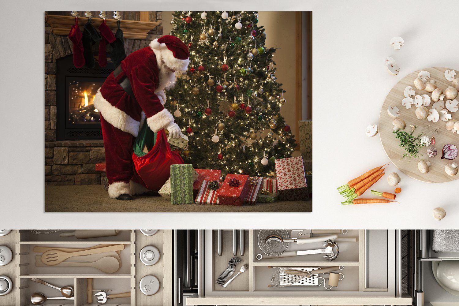Weihnachtsmann unter Arbeitsfläche cm, Mobile Der tlg), den Ceranfeldabdeckung Geschenke Baum, Herdblende-/Abdeckplatte MuchoWow (1 70x52 legt Vinyl, nutzbar,
