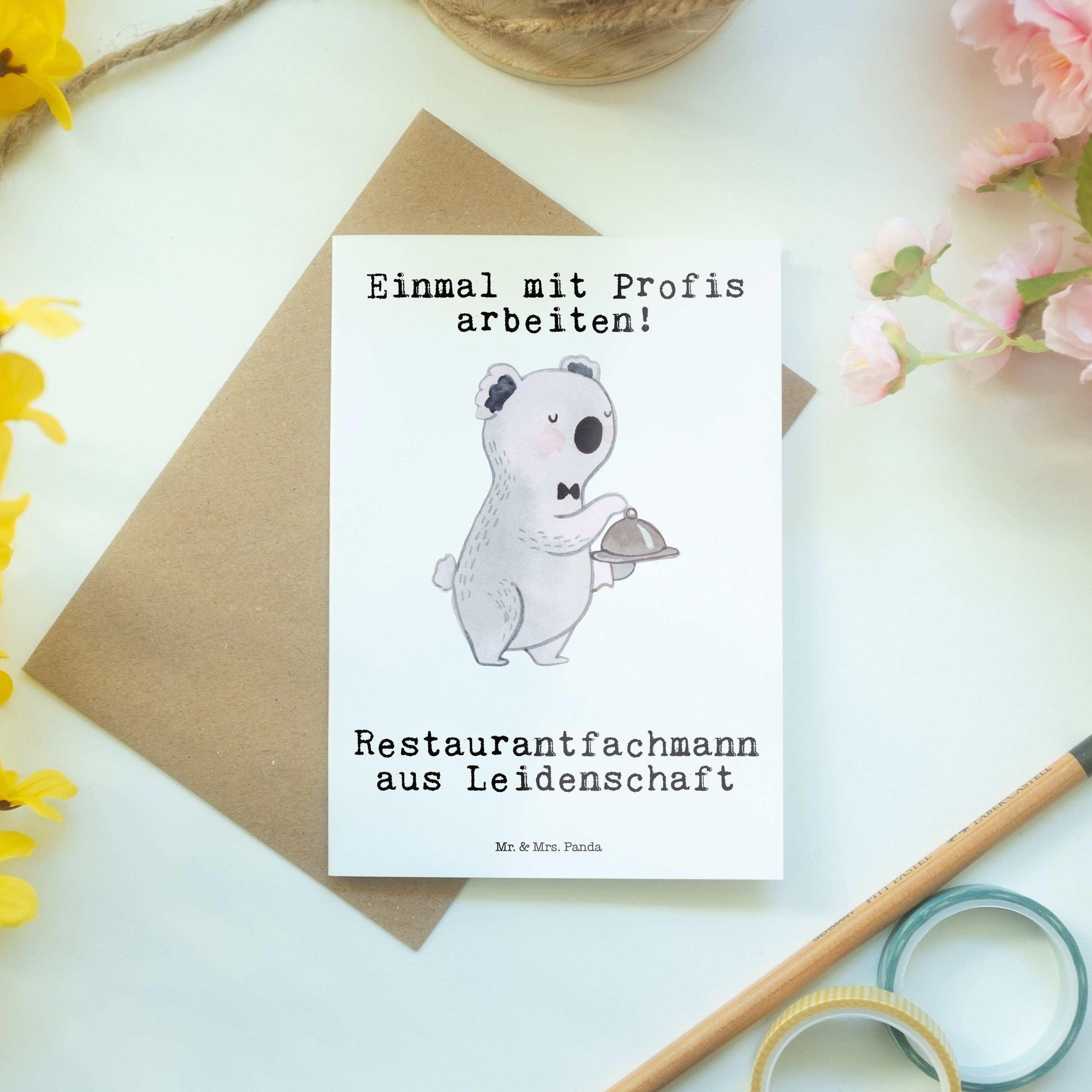 Grußkarte Weiß Geschenk, Leidenschaft & aus - Mrs. Mr. Panda - Restaurantfachmann Hochzeitskarte