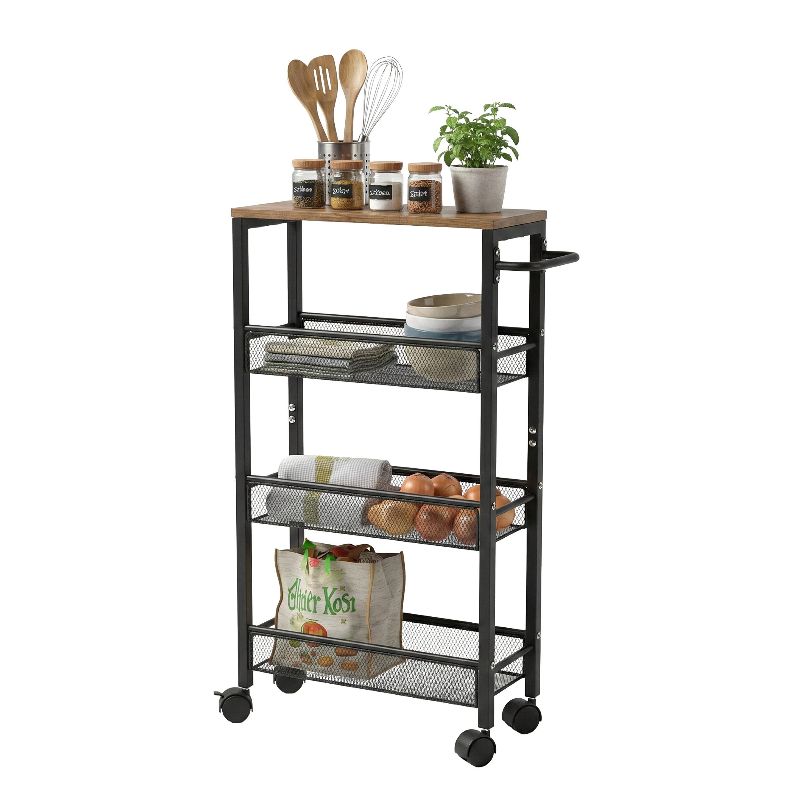 relaxdays Küchenwagen Nischenwagen mit 4 Ebenen, Industrial-Schwarz, 13 cm