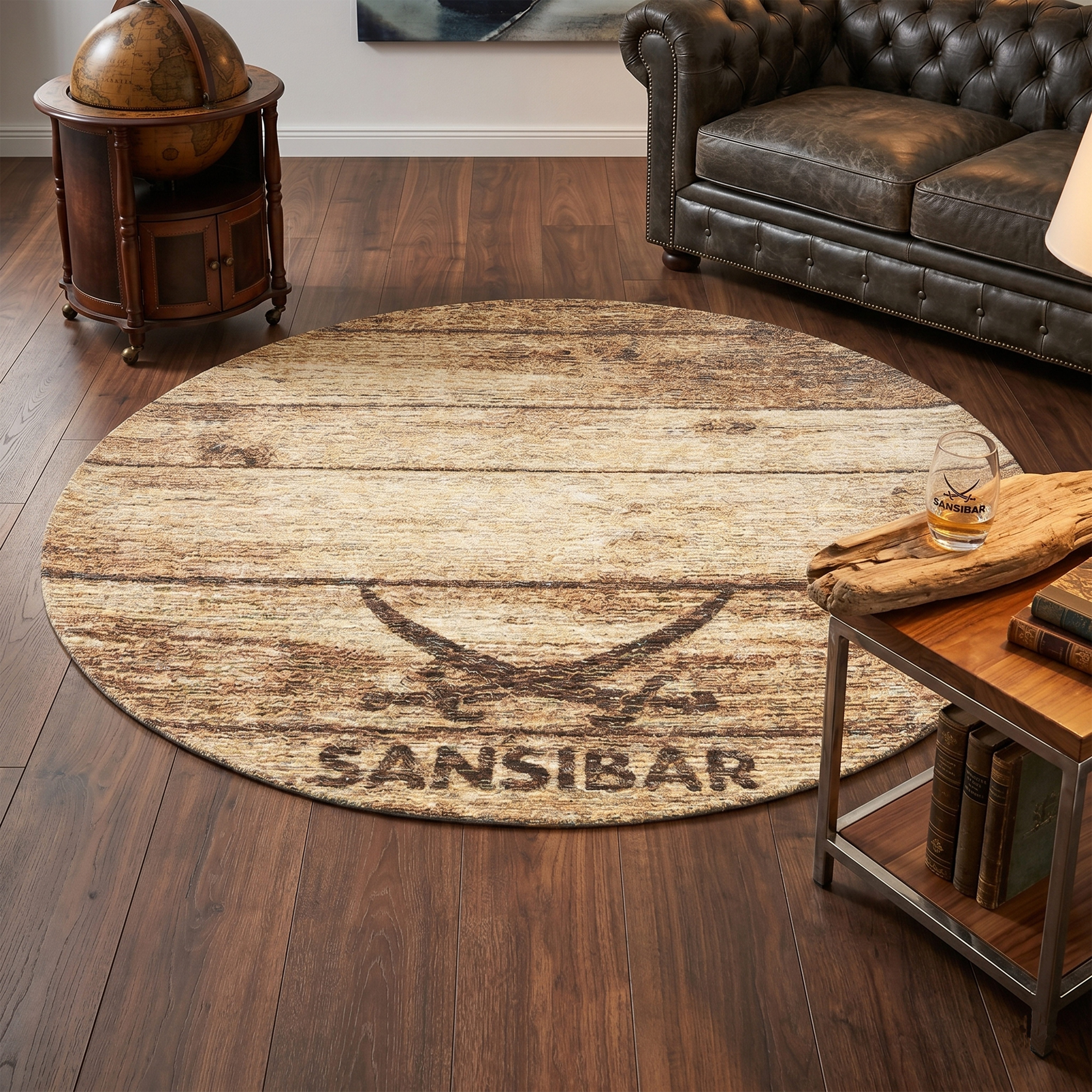 Sansibar Teppich Keitum 009, rund, Höhe: 3 mm, Flachgewebe, Motiv Holzdielen & gekreuzte Säbel
