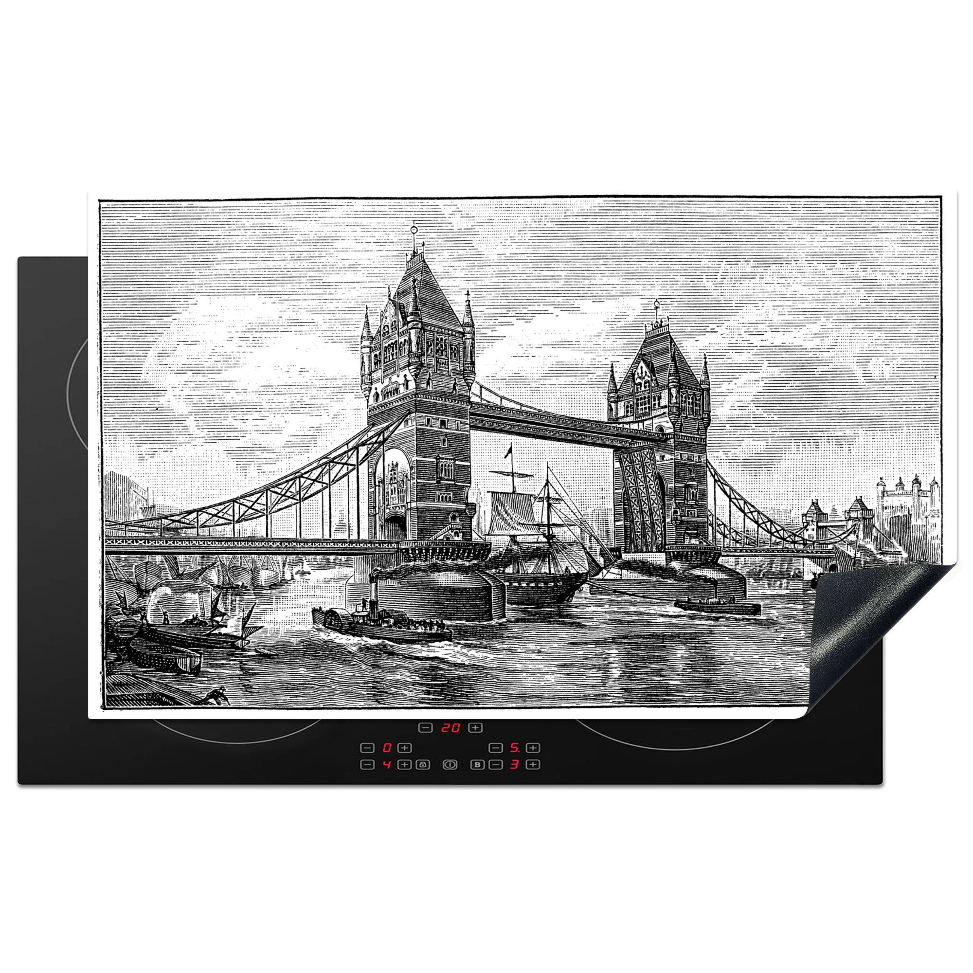 MuchoWow Herdblende-/Abdeckplatte Antike Illustration der Tower Bridge in Schwarz und Weiß, Vinyl, (1 tlg), 83x51 cm, Ceranfeldabdeckung, Arbeitsplatte für küche