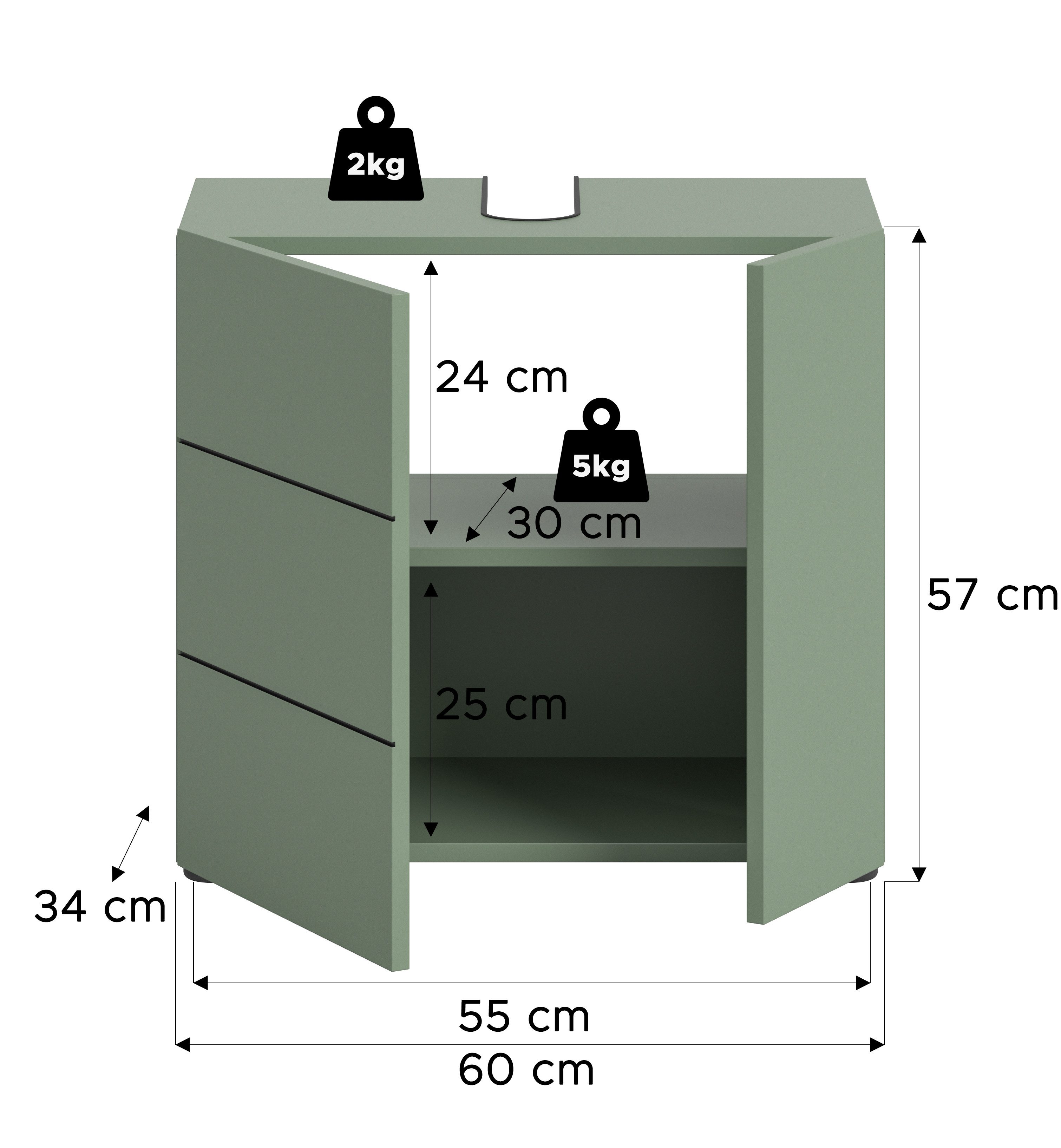 welltime Waschbeckenunterschrank BIEL, Breite: 60 cm, 2 Türen, 2 Fächer, Siphonausschnitt (1-St) Waschbeckenunterschrank, Unterschrank, WBU, Badezimmer, Bad – Bild 5 von 5