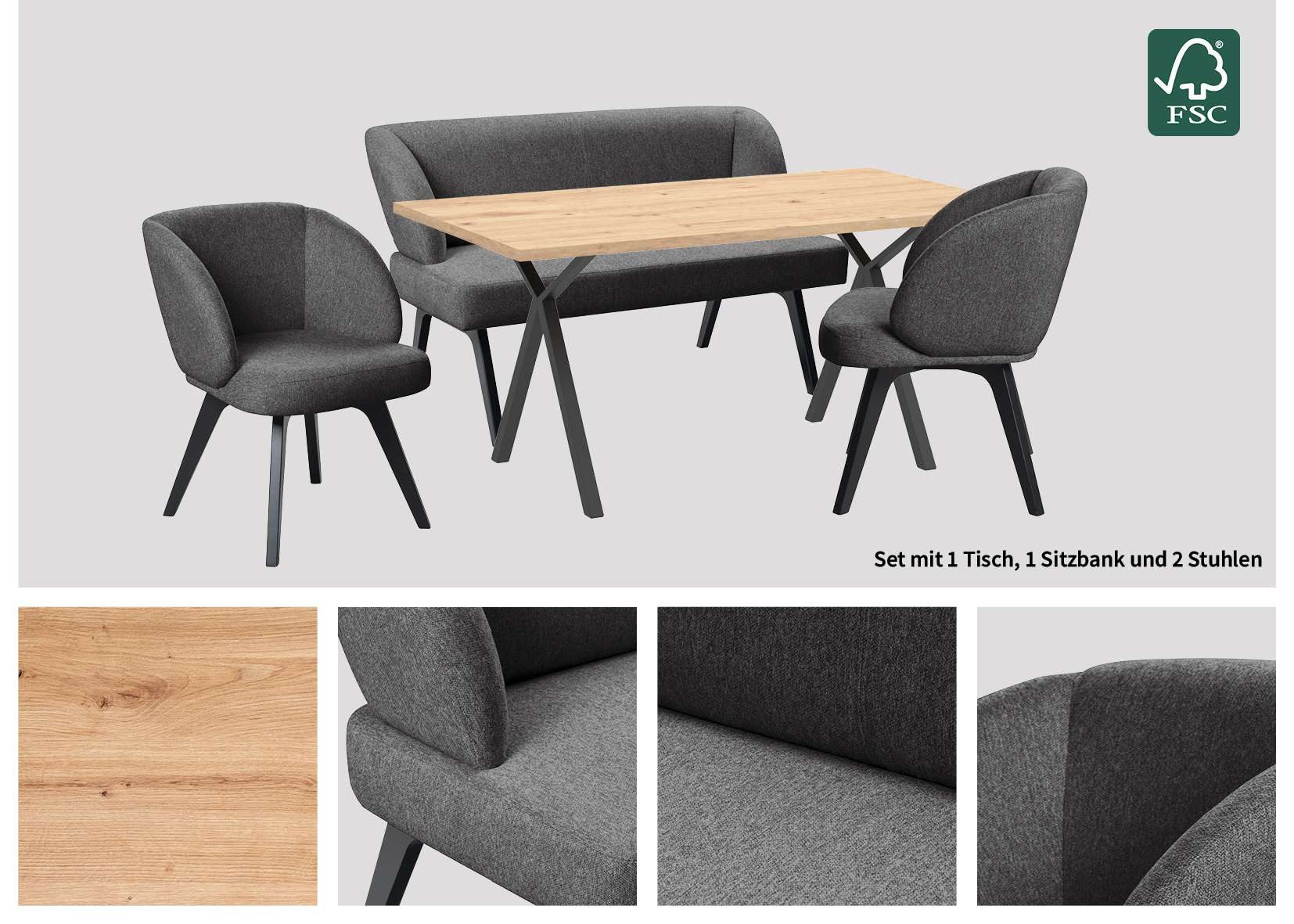 OTTO home Essgruppe Aretha Esstischbank, Sitzgruppe, Küchenbank, Polsterbank, (Set, 4-tlg., 4er), Esszimmer Sitzgruppe, Tisch, Stühle und Bank gepolstert, Nosagfederung