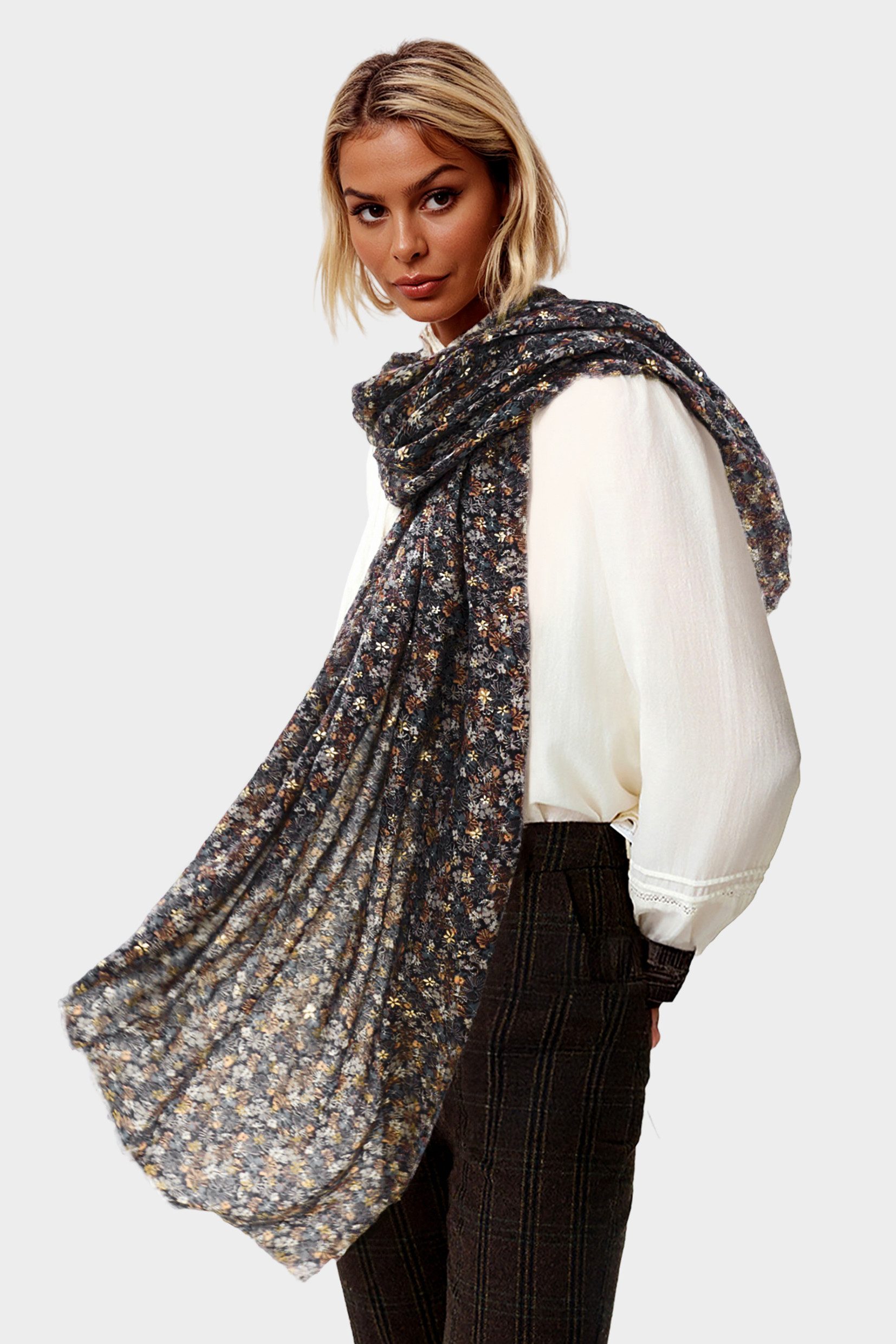 FS Collection Modeschal Damen Schal leicht & weich – Muster, Blumen, Blätter, Punkte, 100% Polyester – leicht, weich, formstabil