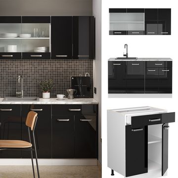 Livinity® Küchenzeile R-Line, Schwarz Hochglanz/Weiß, 140 cm, AP Anthrazit