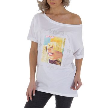 Ital-Design T-Shirt Damen Freizeit Strass Print Stretch T-Shirt in Weiß