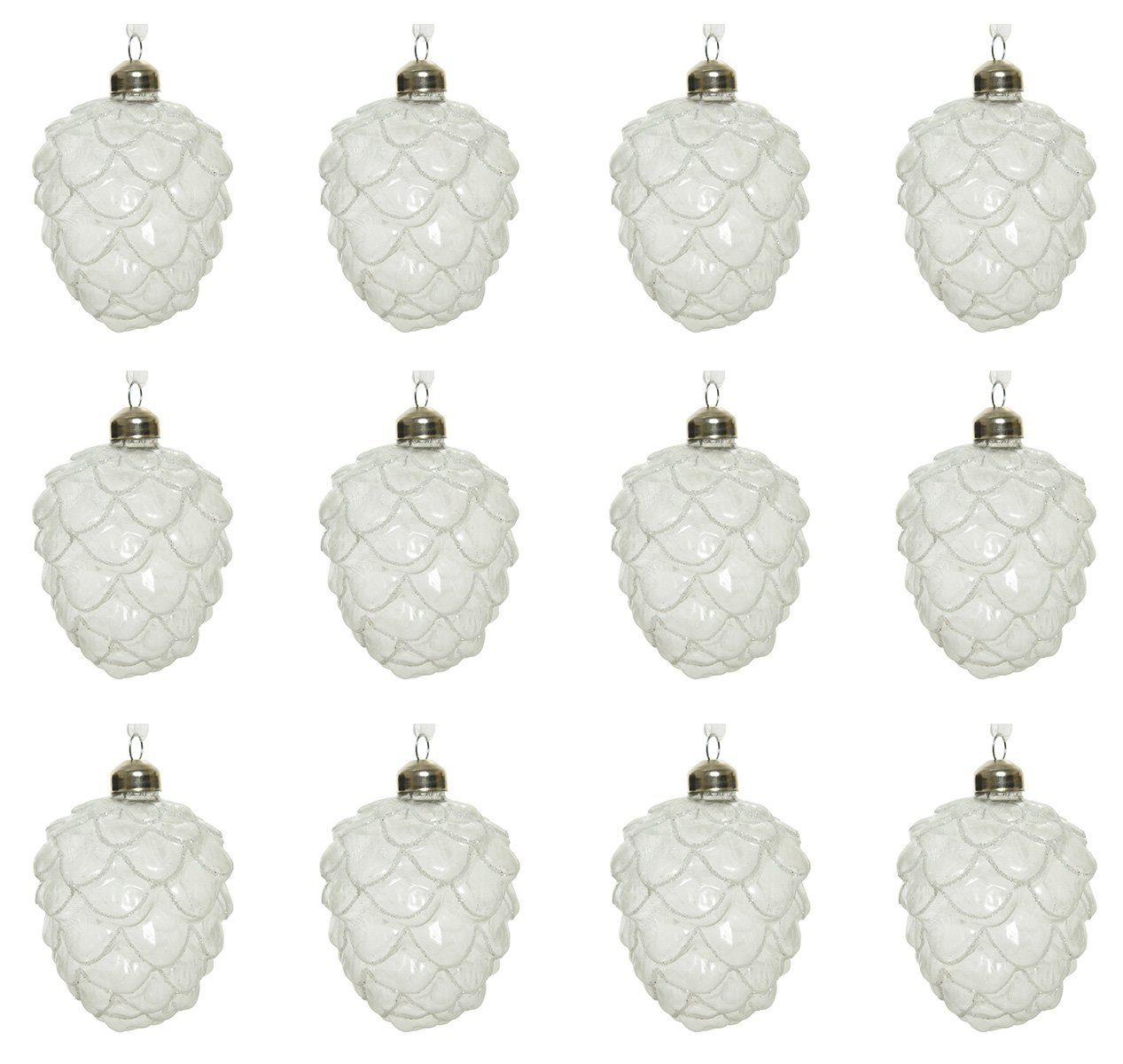 Decoris season decorations Christbaumschmuck, Christbaumschmuck Glas Zapfen 10cm 12er Set weiß / klar gefrostet