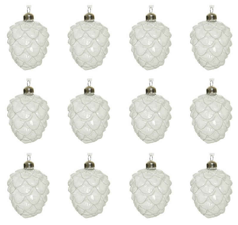 Decoris season decorations Christbaumschmuck, Christbaumschmuck Glas Zapfen 10cm 12er Set weiß / klar gefrostet