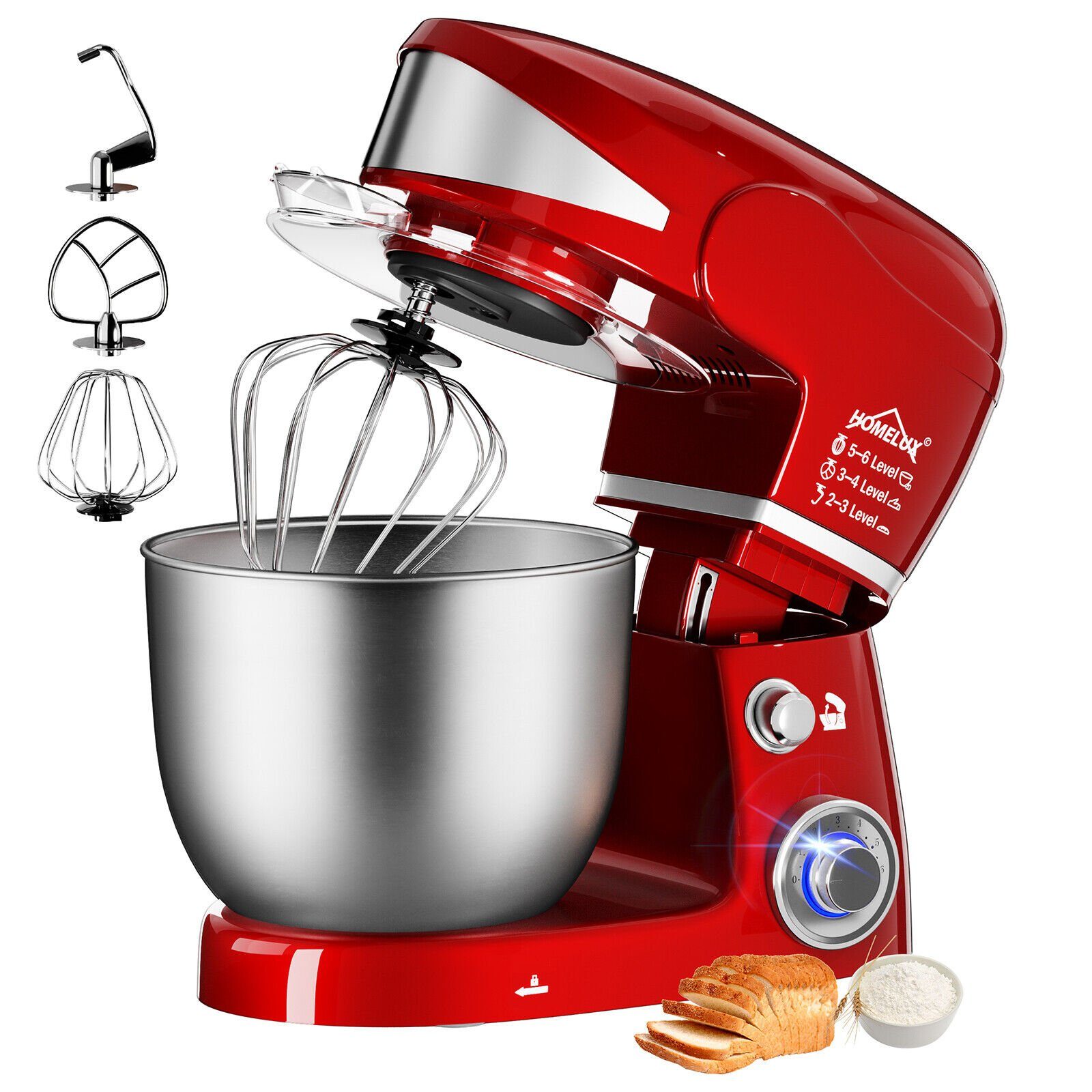 HOMELUX Küchenmaschine, 1800,00 W, 8,00 l Schüssel, inkl 3-Teiligem Patisserie-Set und Spritzschutz, Edelstahlschüssel