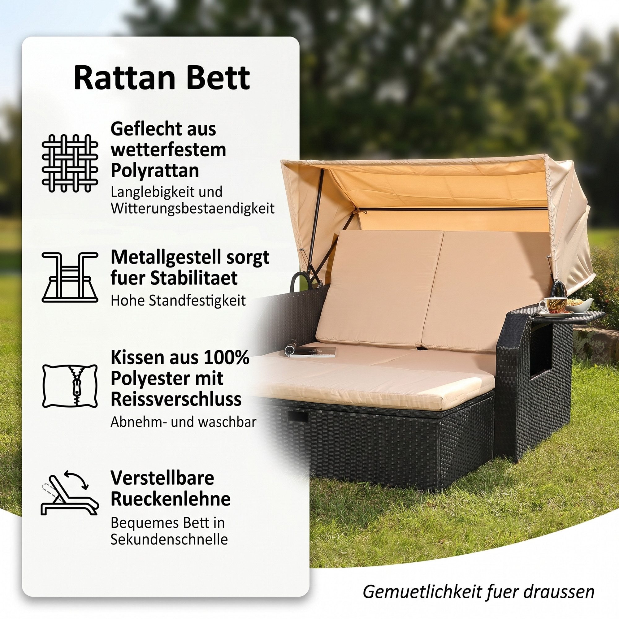 Mucola Strandkorb Strandkorb Sonnenliege Sonnenbett mit Dach aus Polyrattan Relaxliege, BxTxH: 145,00x143,00x130,00 cm, (Stück, 1-tlg), Sonnenschutzdach
