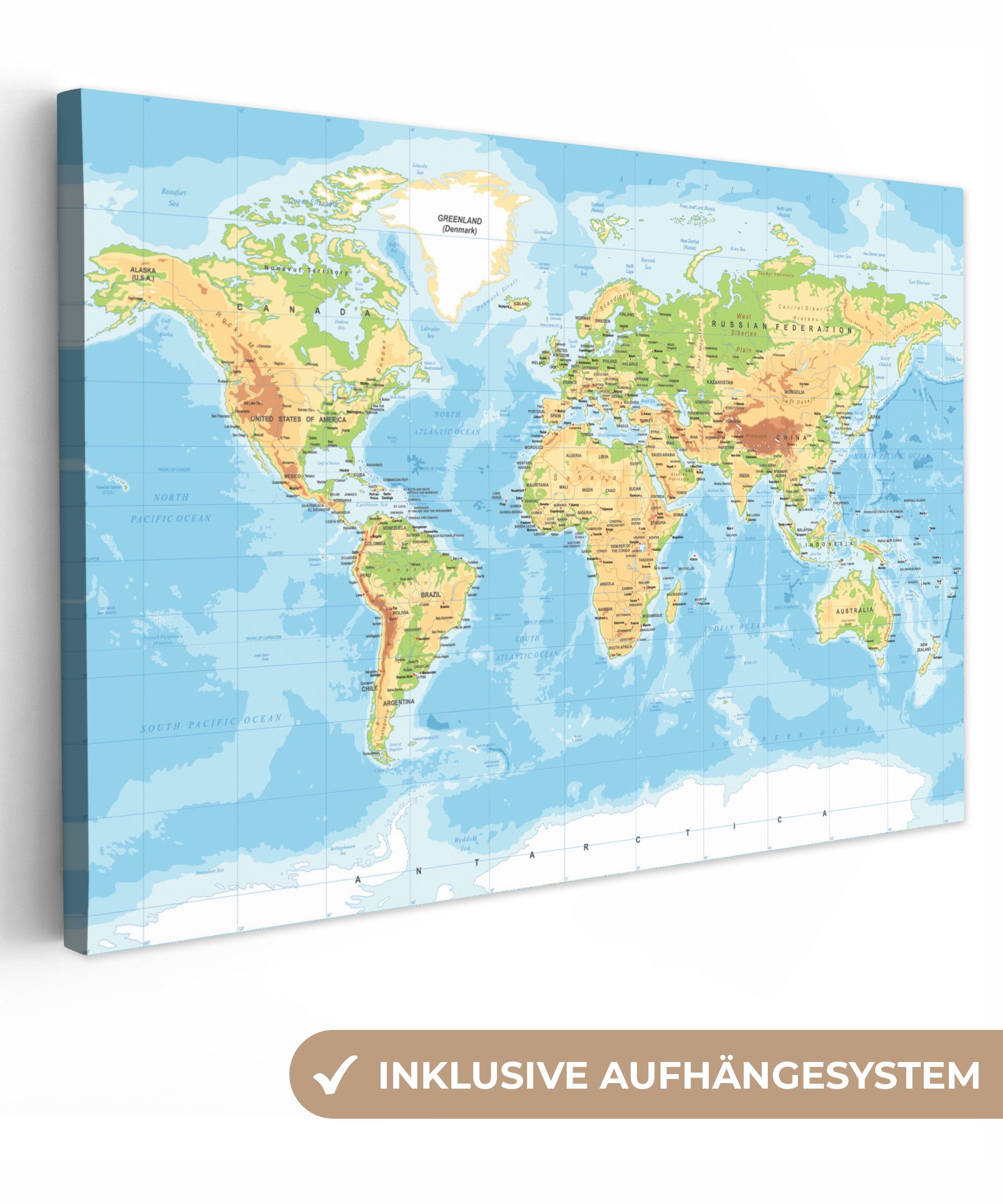OneMillionCanvasses® Leinwandbild Weltkarte - Geographie - Atlas, Fotodruck (1 St), Leinwand Bilder Klein, Wand Dekoration Aesthetic 30x20 cm