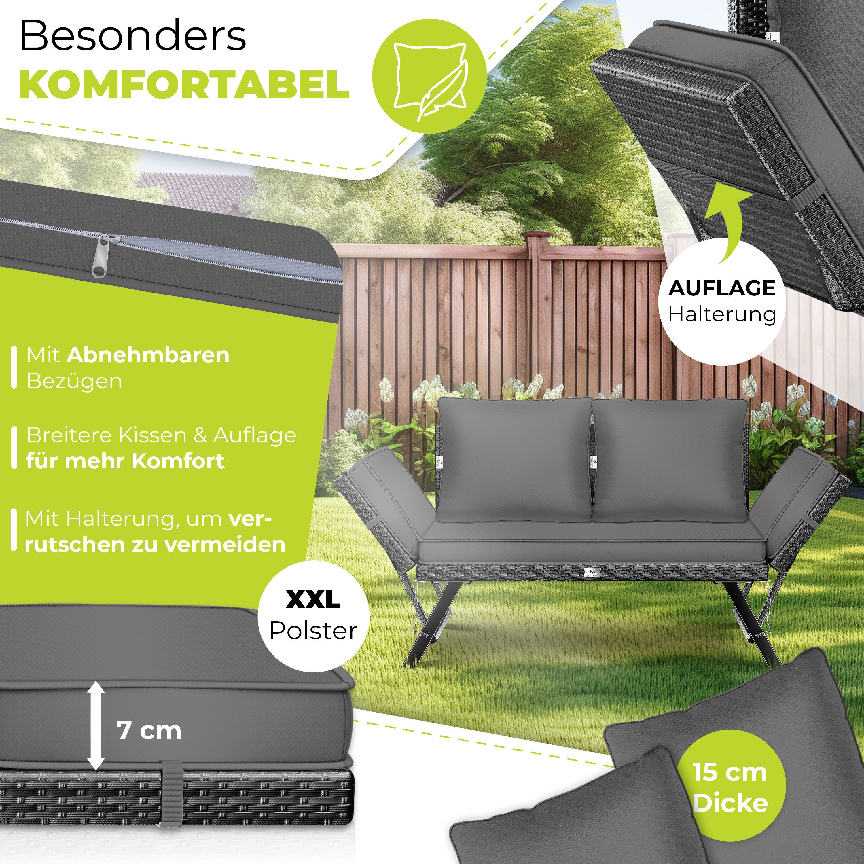 KESSER Gartenbank Polyrattan Gartensofa 4-in-1 mit Liegefunktion & Verstell-Funktion (Gartencouch mit Sitzkissen & Rückenkissen Extra Dicke & Weiche Polster), Balkon-Sofa Wetterfest für Garten, Balkon & Terrasse