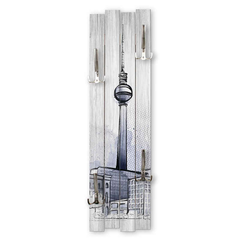 Kreative Feder Wandgarderobe Wand-Garderobe „Berlin“ aus Holz, Shabby-Chic; ca. 100 x 30 cm; mit 4 Haken; außergewöhnlich, modern