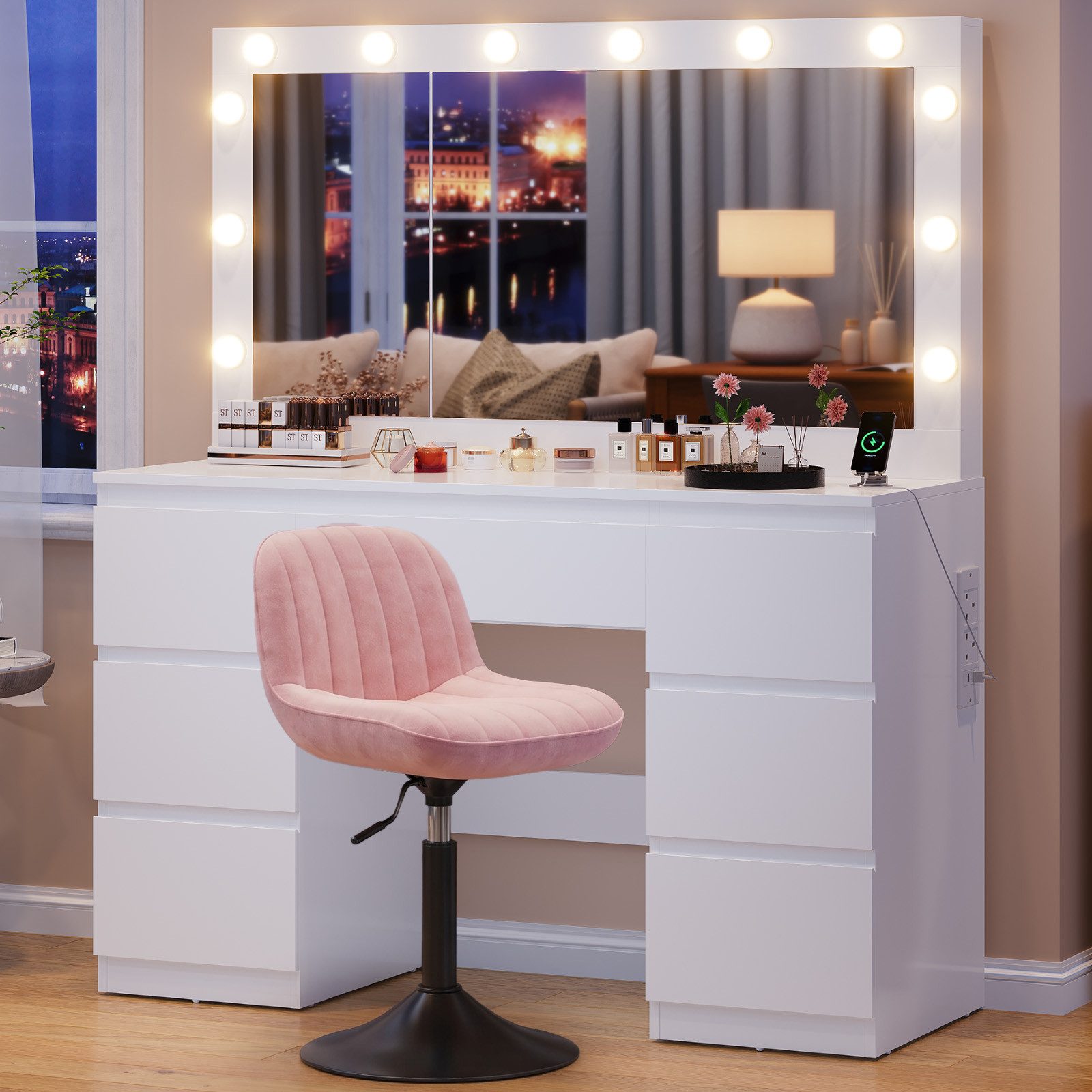 HOMALL Schminktisch Großer Schminktisch, Maße 115/120 x 40 x 140 cm, mit Schmuckschrank (LED-Beleuchtung und Steckdosen, 105 cm groBer Spiegel, mit 7 Schubladen, optional mit Hocker)