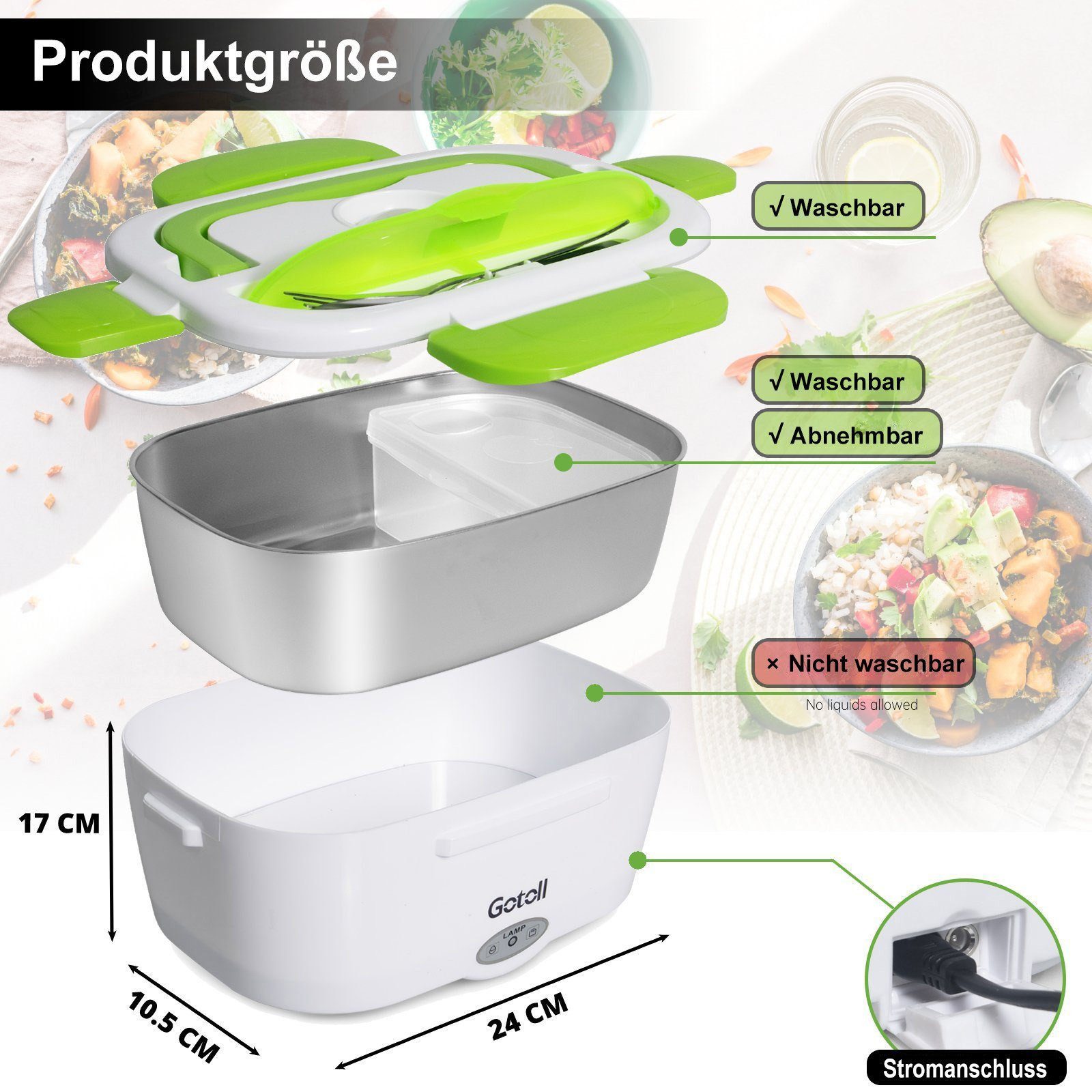 Gotoll Elektrische Lunchbox 1,95L Elektrische Brotdose 12V/220V für Auto & Zuhause, Kunststoff, (60W Schnellheizung, Edelstahl‑Innenbehälter), Elektrische Bentobox mit Löffel  Gabel & Lunchbag Set