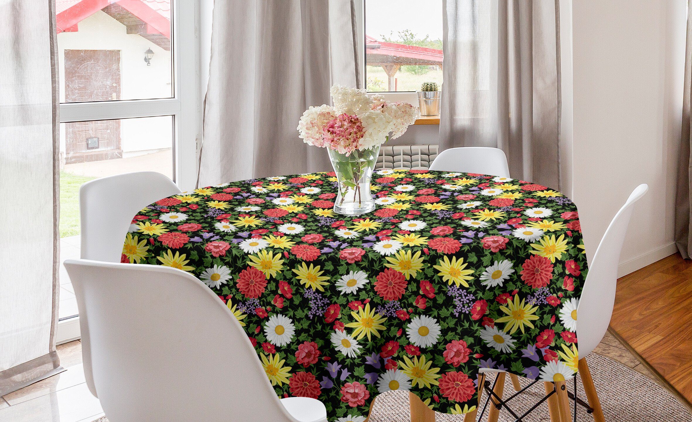 Abakuhaus Tischdecke Kreis Tischdecke Abdeckung für Esszimmer Küche Dekoration, Blume Buntes Frühlings-Blumen-Hochblatt